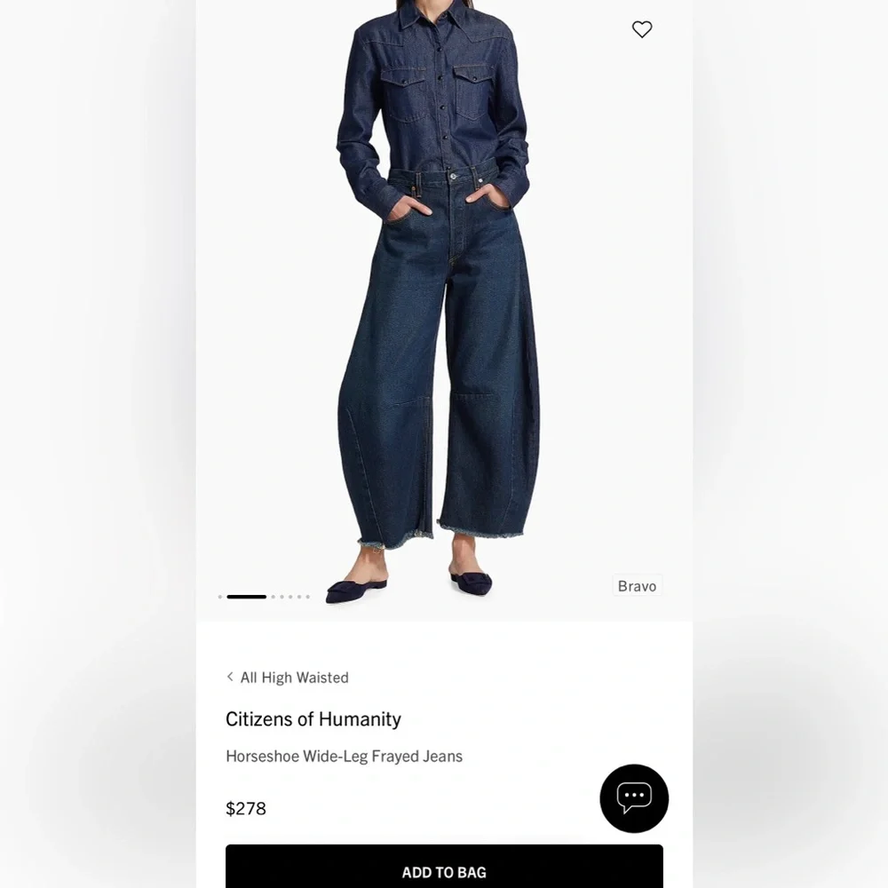 Citizens Of Humanity Blue Denim Horseshoe Wide-Leg Frayed Jeans - Picture 2 of 7